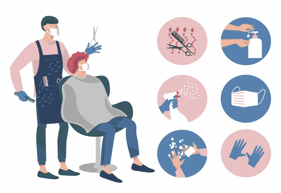 Drawing of a man in a mask and gloves cutting the hair of a woman in a mask. Diagram showing COVID-19 salon safety tips