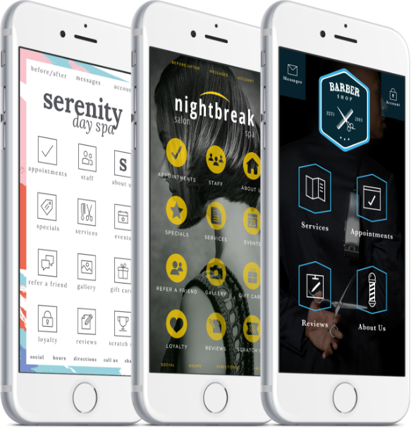 Closeups of three cellphones displaying custom branded salon apps