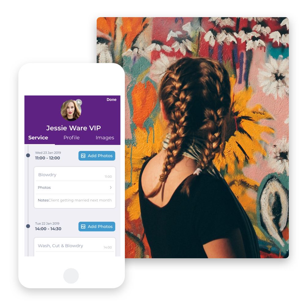 Close-up of a cellphone displaying the Phorest Go salon appointment tool and a woman in braids with her head turned.