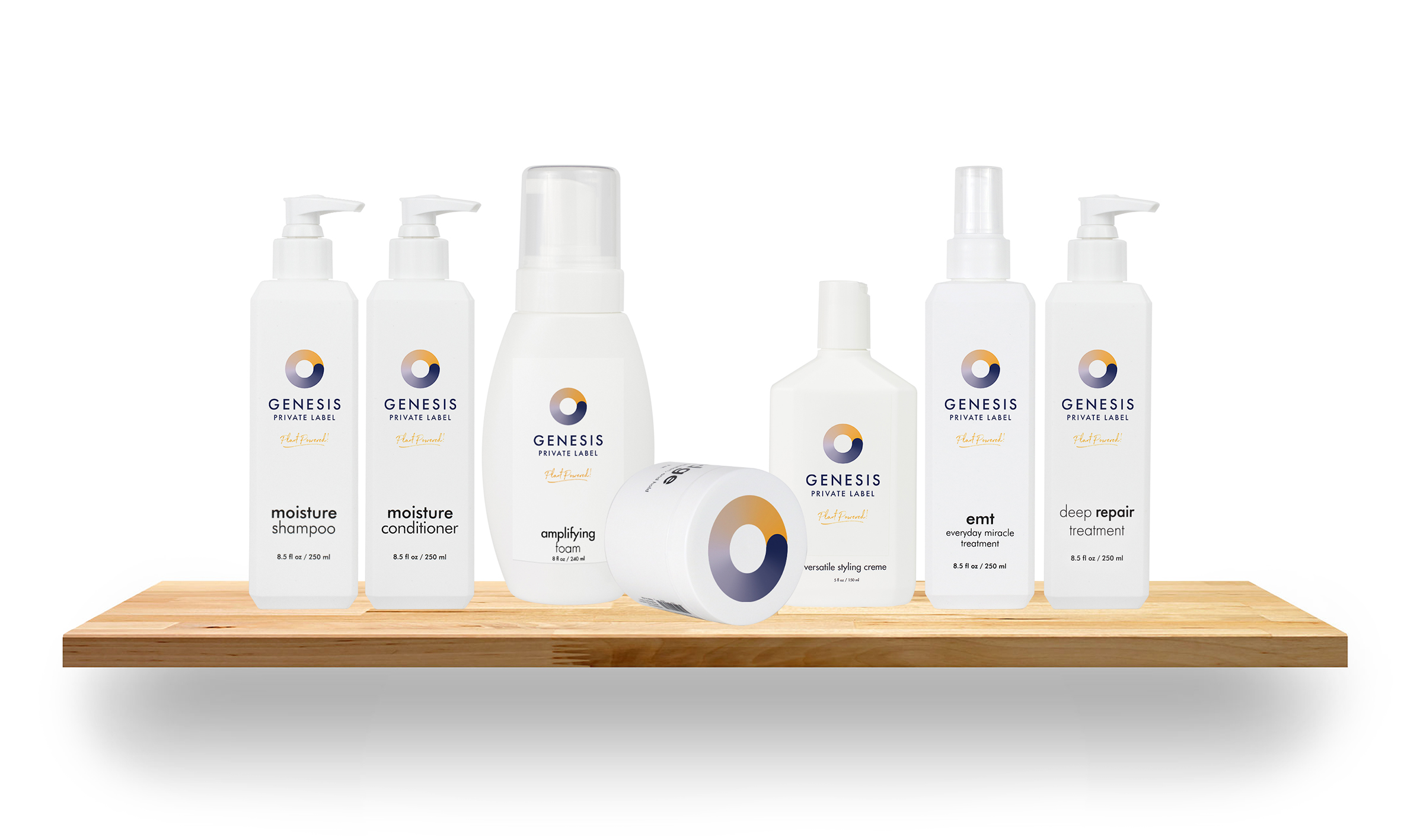 A variety of Genesis Private Label hair products in white bottles sitting on a wooden shelf