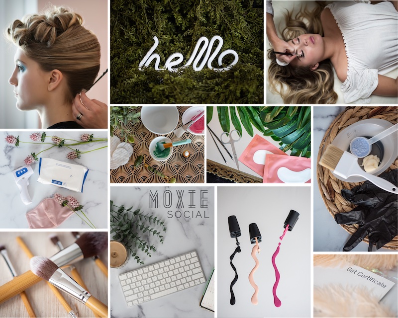 Example of the Moxie Social Clean/Modern template with a collage featuring an assortment of clean-looking salon images