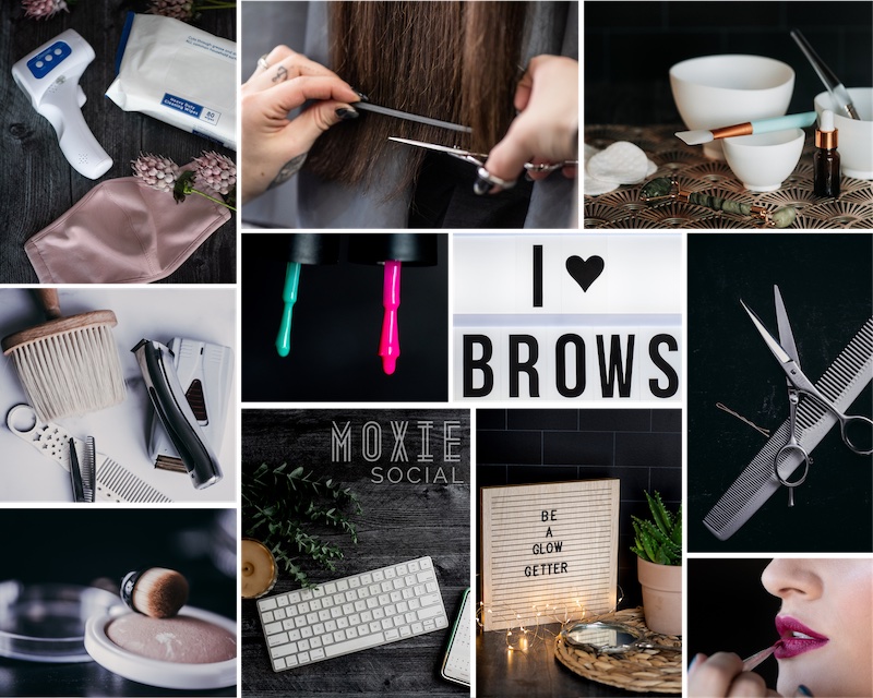 Example of the Moxie Social Dark/Moody template with a collage featuring an assortment of dark-colored salon images
