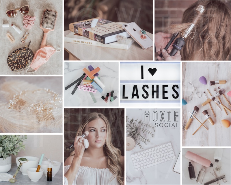 Example of the Moxie Social Light/Airy template with a collage featuring an assortment of white/light-colored salon images